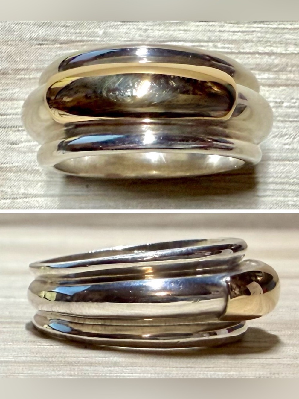 Greek Designer Ilias Lalaounis Sterling Silver & 14K Gold Band Ring, Size 7